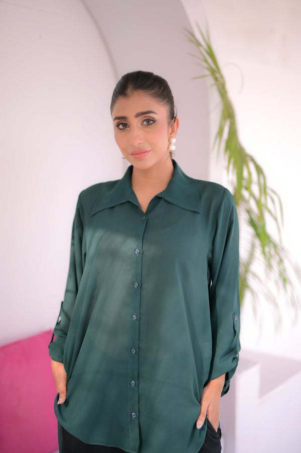 Elegant Green Button-Down Shirt | Stitched - 1 Piece | Shirt