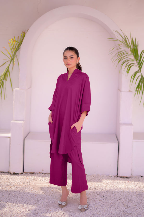 Plum Boxy Solid Set | Stitched - 2 piece | Shirt & Trouser